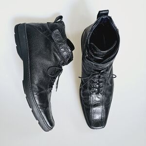 Aldo Brue Made in Italy Balck Genuine Leather Lace Up Velcro Pointed Toe Boots